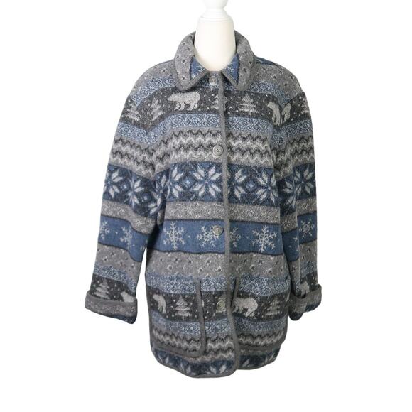 Vintage 90s David Brooks grey and blue polar bear snowflake blanket coat M - Picture 1 of 8